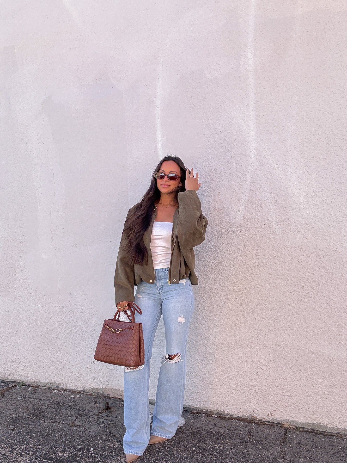 Olive Suede Bomber Jacket