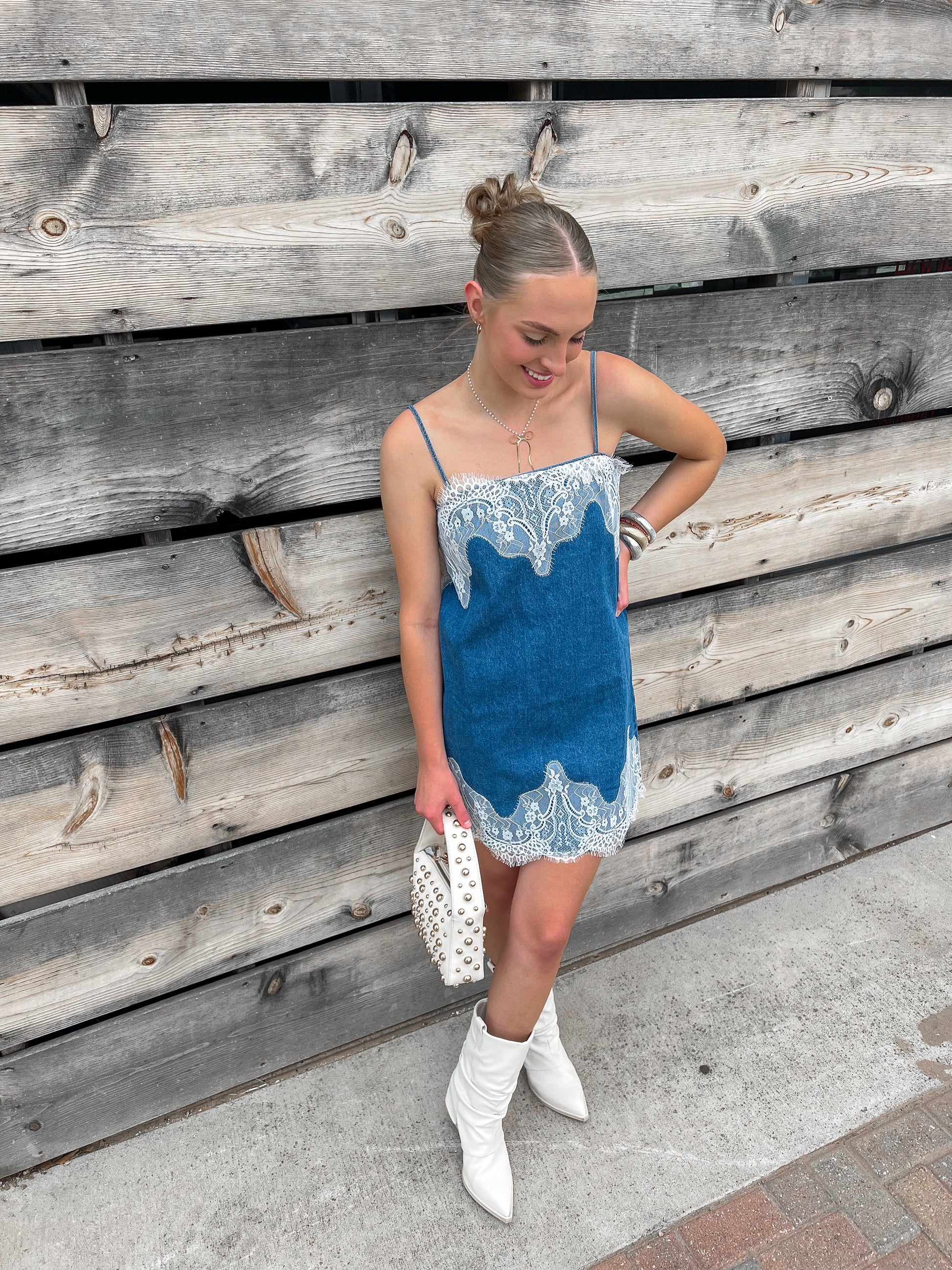 Lace Denim Dress – FamousElle - Main Image