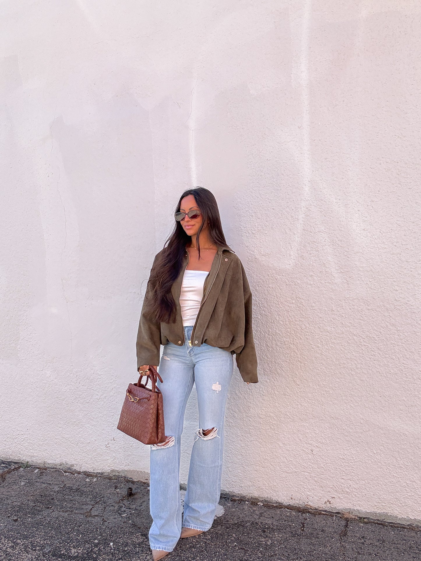 Olive Suede Bomber Jacket