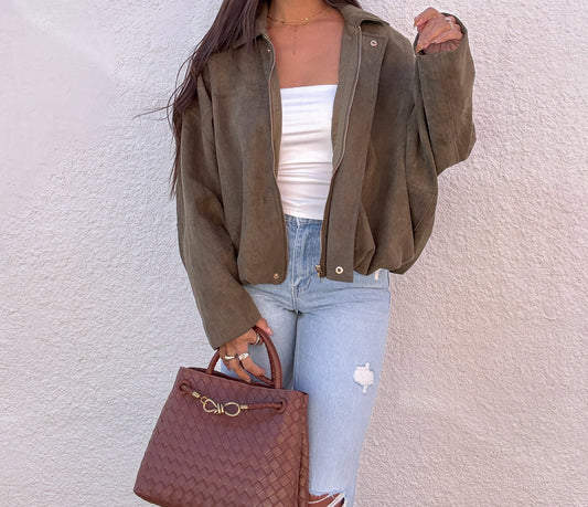 Olive Suede Bomber Jacket