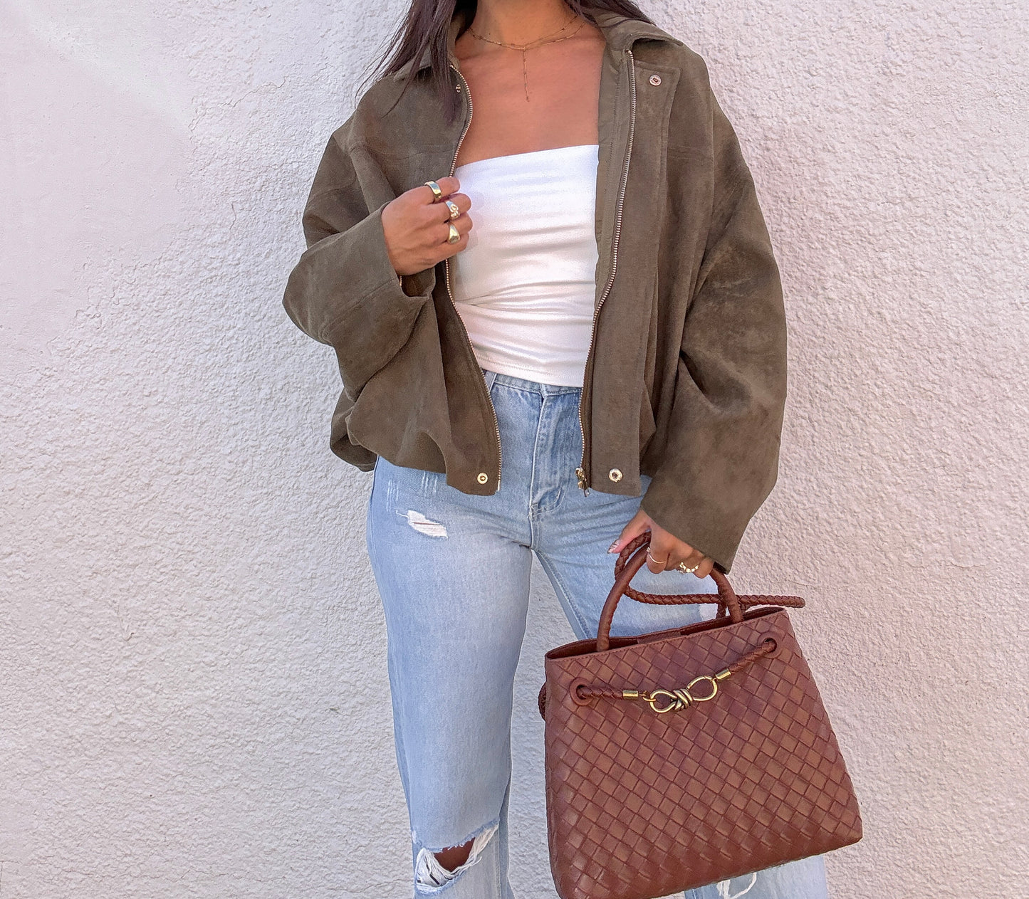 Olive Suede Bomber Jacket